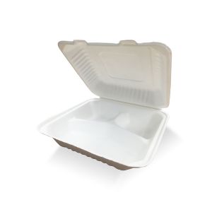 China 8x8 3 compartment bagasse pulp hinged delivery container box wholesale