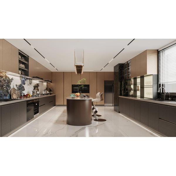 Sophisticated Residential Stainless Steel Kitchen Cabinets With Deep Gray And Brown Accents