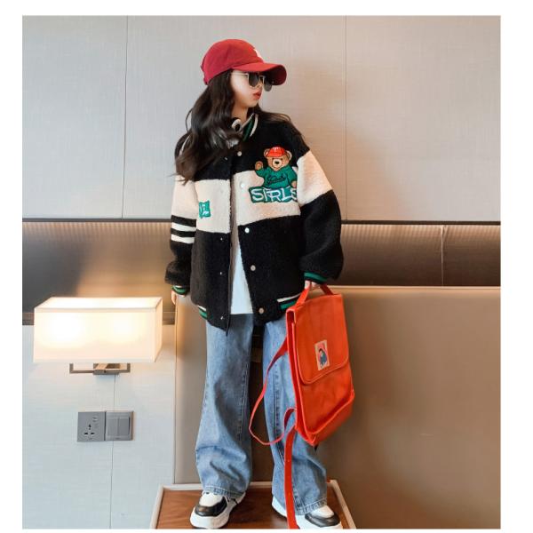 Threaded Cuff Warm Childrens Coats Bear Embroidery Lamb Wool Baseball Jacket
