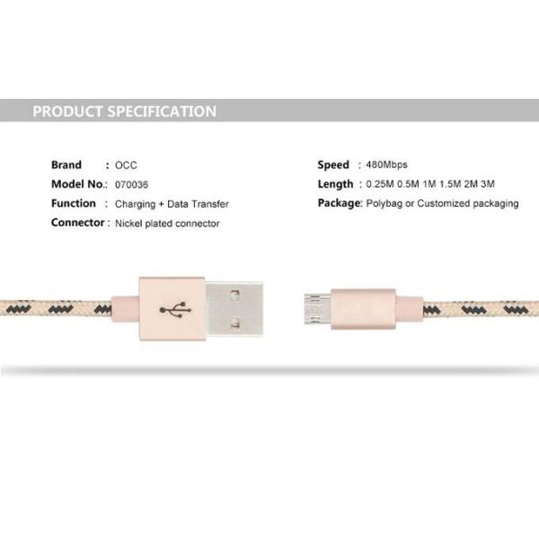 Nylon Aluminum Micro Data USB Cable 5V 2A 3Ft Fast Charging