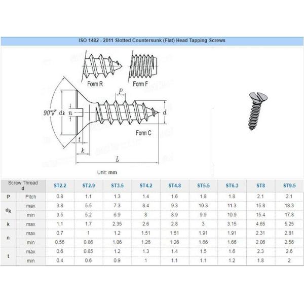 Fully Threaded Self Tapping Metal Screws With Flat Slotted Countersunk Head