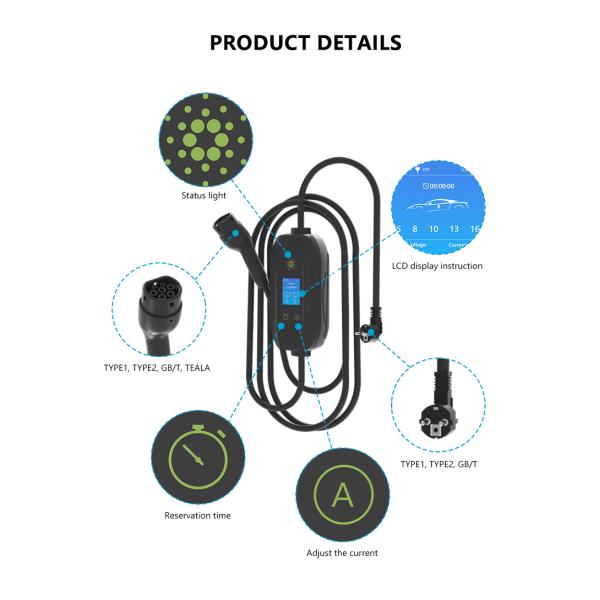 3.5kW Portable EV Charger with Type 1 Plug IP67 16A Output