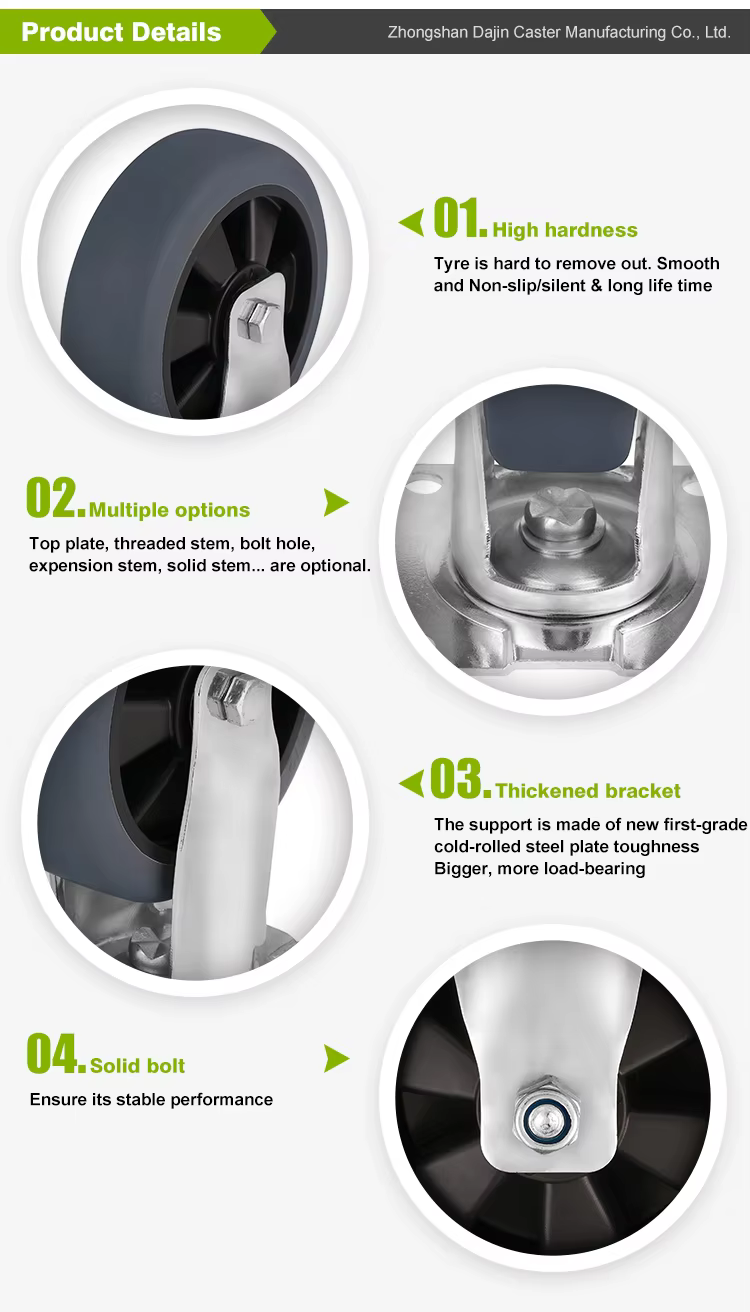 OEM Medium and Heavy Duty 3 Inch Rotating TPR Casters Steel Rubber Swivel Caster with Bearing