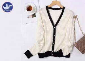 China V Neck Ladies 100% Wool Sweater Contrast Color Rib Knitting Winter Elegant Cardigan wholesale