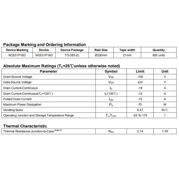 NCE01P18D NCE P-Channel Enhancement Mode Power MOSFET