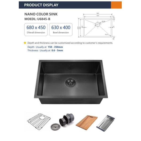 68x45 Coloured Stainless Steel Sink , 26 3/4" Black Brushed Undermount Kitchen Sink