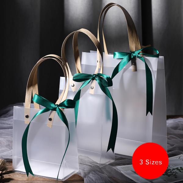 Semi Clear Plastic Gift Bags With Brown Handle Wedding Gift Packaging Bags Birthday Handbag Party Favors PP Gift Wrap