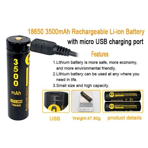 500 Cycles 3.7 Volt Rechargeable Battery Lithium Ion Cells 18650 With USB Type C Port