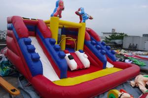 China Double Sides Inflatable Water Slide Combo With Hero Painting Kids Park Fun on sale