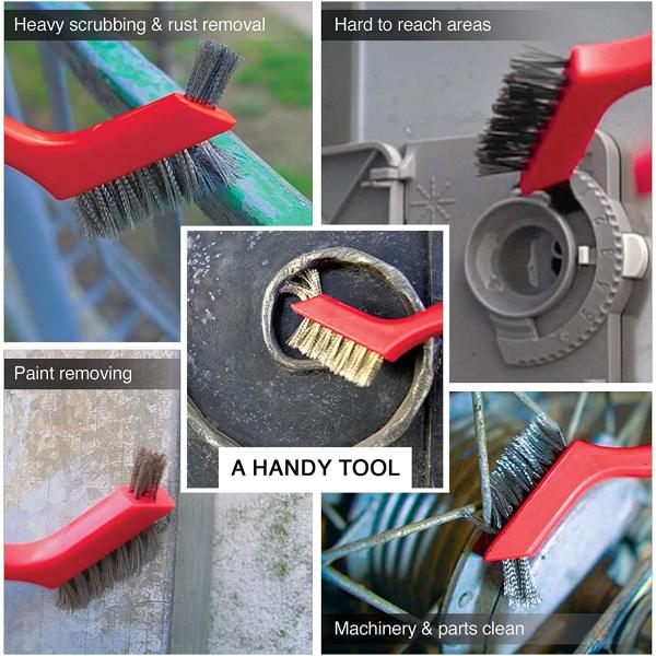 Curved Handle Grip Wire Brush Set 3Pcs Nylon Brass Stainless Steel Bristles