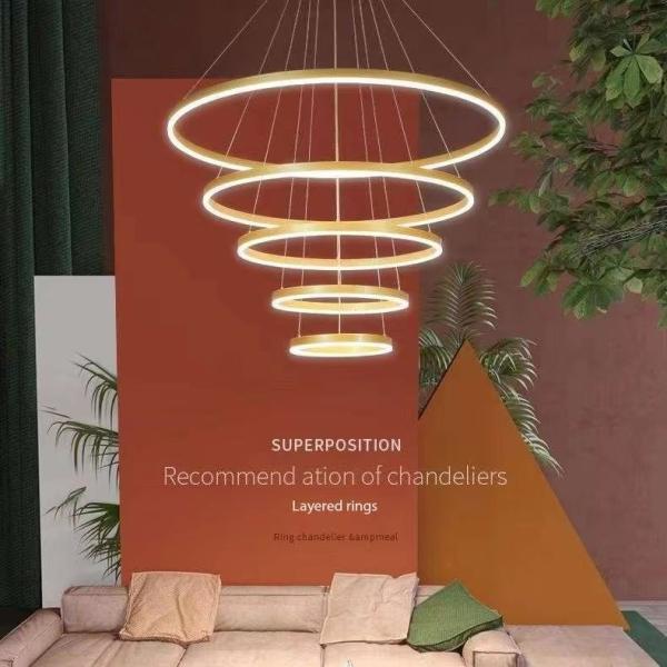 Gold Shell Aluminum LED Round Ring Light 5-rings Hanging Ceiling Light for Hotel Villa