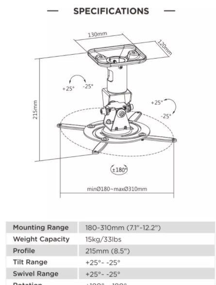 black Steel Rotate Projector Ceiling Mount Hanging Bracket