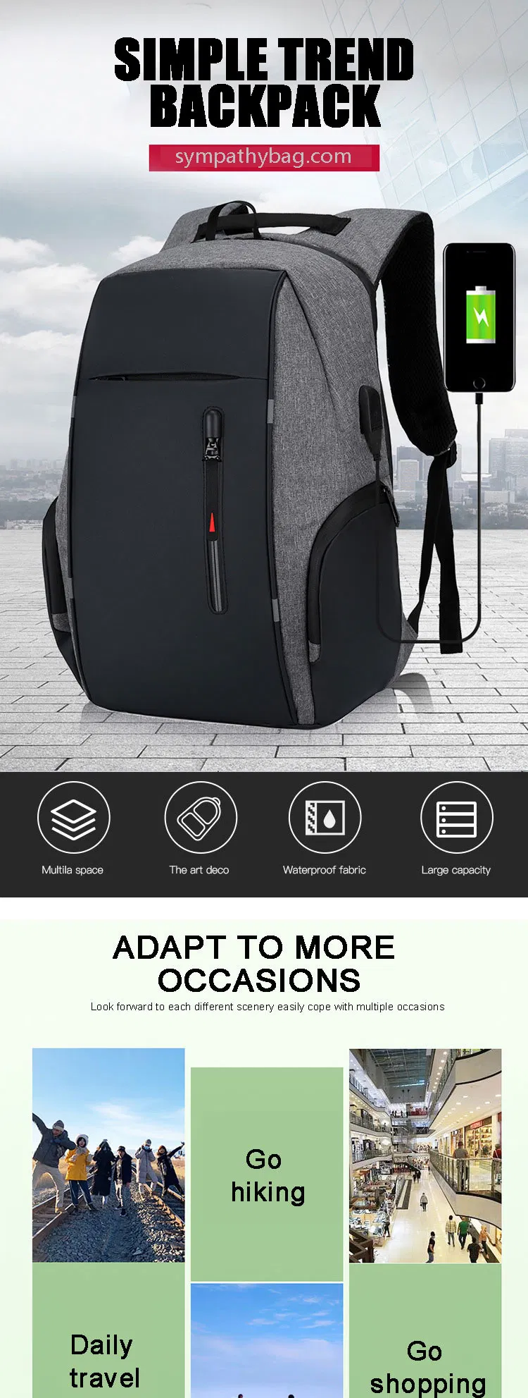Durable Polyester Waterproof Business Laptop Backpack with USB Outdoor Travel Sports Bag