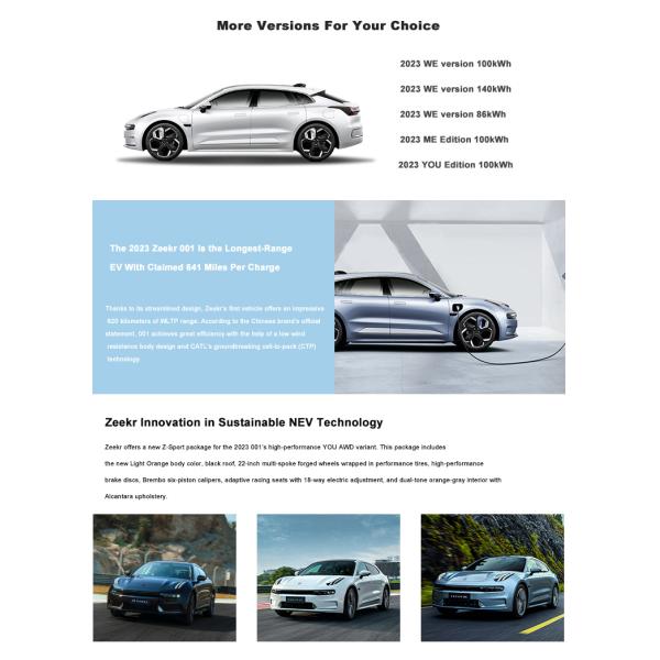 Customized Pure Sedan Electric Cars 2023 Multi Function Geely Zeekr 001