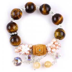 China Natural 14MM Gorgeous Tiger Eye And Flower Fresh Water Pearl With Dangle Chain Bead Bracelet on sale