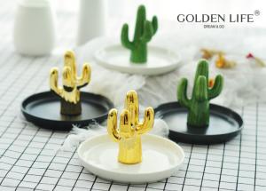 China Jewelry Plate Imitated Cactus Jewelry Plate Green Gold Color Ceramic Jewelry Dish wholesale