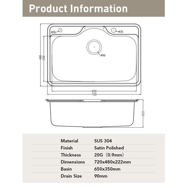 0.9mm Thick Top Mount Kitchen Sink , 20 Gauge Stainless Steel Single Basin
