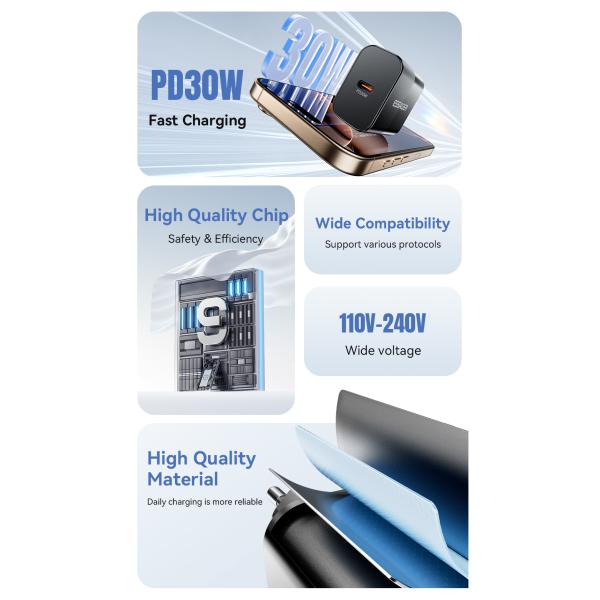 ESSAGER 30W Gan PD Type C Fast Charging Phone Wall Charger Adapter For iPhone Huawei
