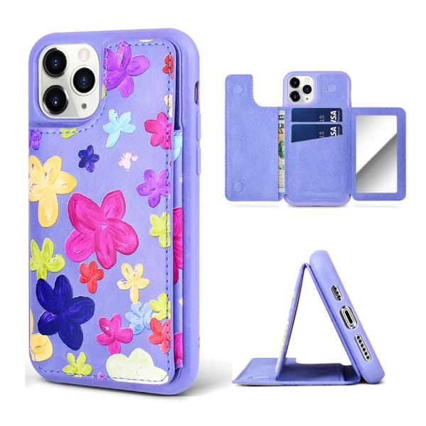 Floral Pattern Card Pocket Phone Case Kickstand Makeup Mobile Cover For Iphone 12