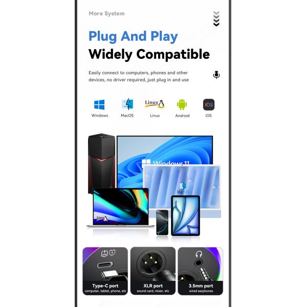 ESSAGER YU7 USB C Wired Live Streaming Podcast Gaming Microphone Type C 3.5mm XLR Port