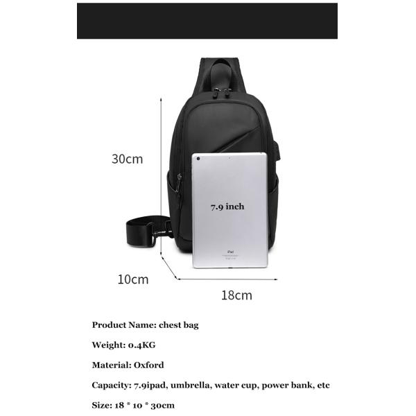 7.9 Inch IPAD USB Charging Shoulder Travel Sling Bag 18*10*30cm