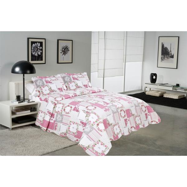 White And Pink Printed Quilt Set 100 Percents Cotton For Household Bedroom