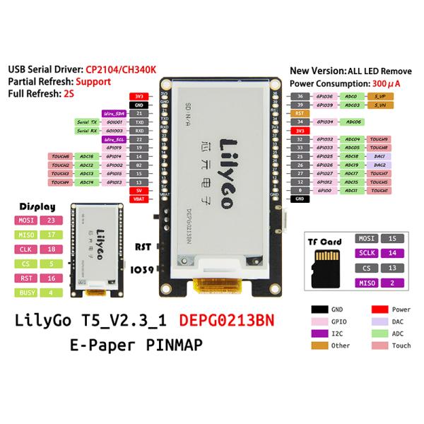 T5 V2.3.1_2.13 WiFi BT Module MCU32 2.13 Inch Ink Screen Development Board E-Paper Screen New Driver Chip DE