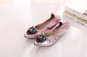 China Factory direct made ladies shoes designer shoes pink brand name shoes pointed shoes goatskin foldable flat shoes BS-11 wholesale