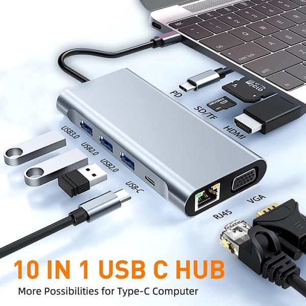 USB C Type C 10 In 1 Docking Station with 4K HDTV VGA Lan RJ45 USB3.0 Card Reader PD