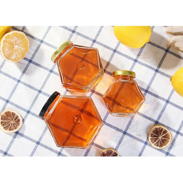 250ml-750ml Glass Honey Jars With Lids , Hexagon Glass Jars Clear Color