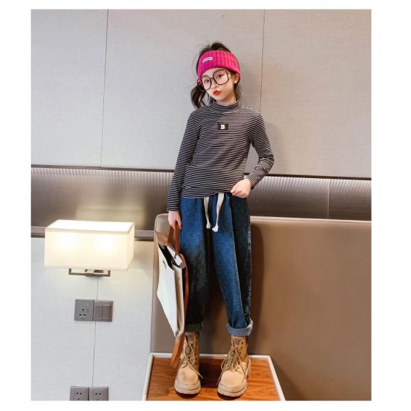 Turtleneck Embroidered Little Girls Clothes T Shirt Striped Thermal Top