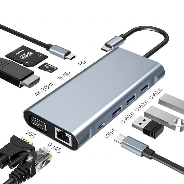 USB C Type C 10 In 1 Docking Station with 4K HDTV VGA Lan RJ45 USB3.0 Card Reader PD
