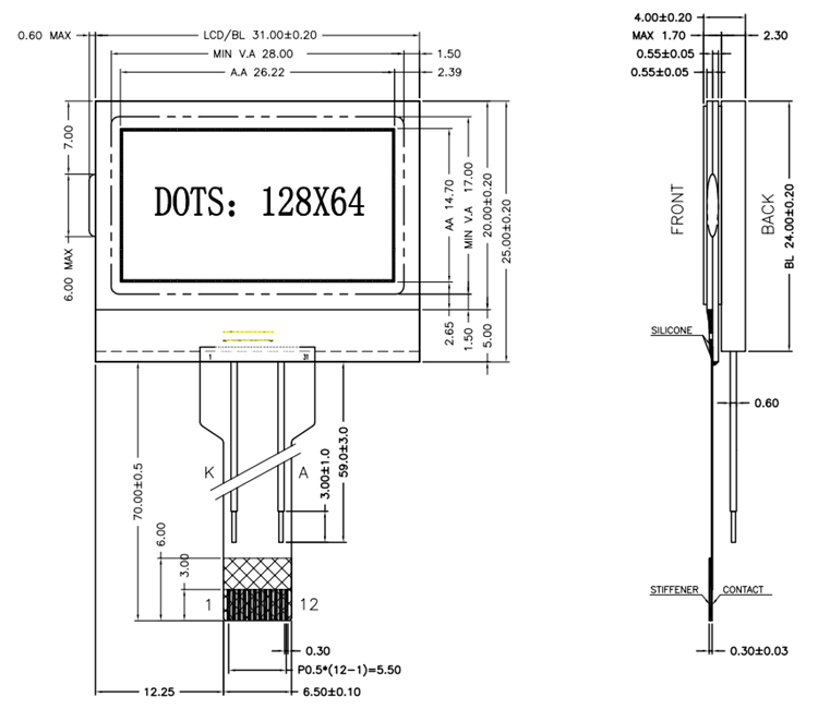 128x64 Graphic LCD Display with FSTN Display Mode and COG+FPC Connector for Industrial Control