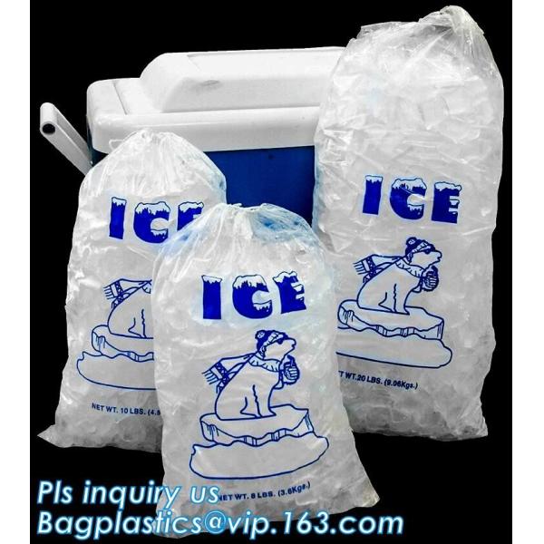 ECO FRIENDLY ICE PACK BAGS, ECO GREEN PACKAGING, BIO ICE BAG, disposable drawstring top crystal clear ice plastic bag,