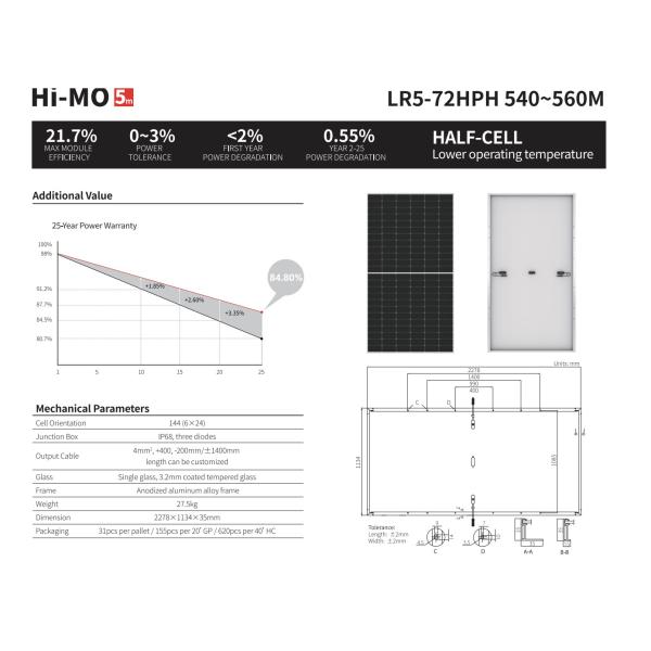 540w Mono Solar Panel Half Cell 182x182mm Silicon PV Module Hi Mo Longi Lr5 72hph 540m