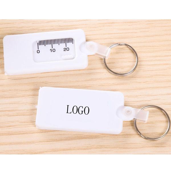 Quality white plastic tire pattern depth gauge 60×30×5mm depth 0-20mm logo customized keychain for sale