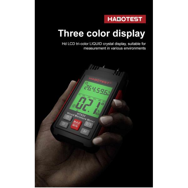 HT633 Wood Moisture Meter Pin Type Digital Moisture Detector Ambient Temperature Humidity with LCD Backlight Display
