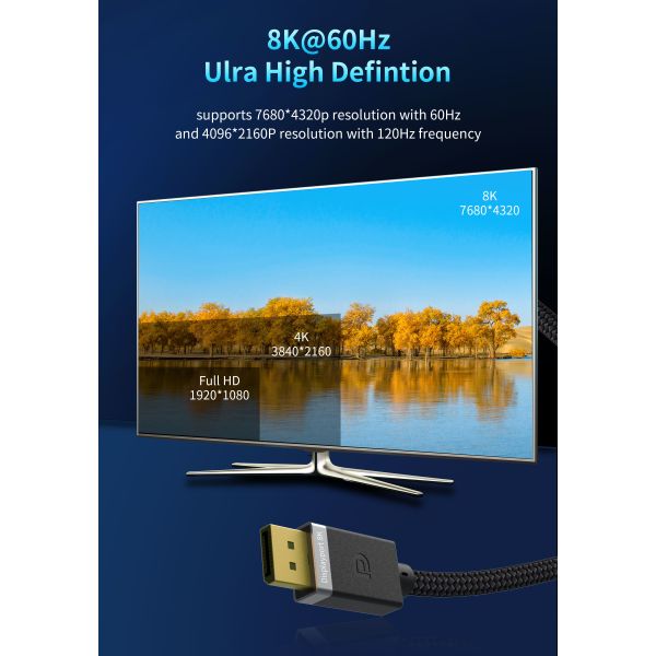 1.2 144Hz Gold Plated 8K Displayport Cable DP1.4 VESA Certified HBR3 DSC