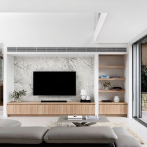 China Modern Wall Mounted TV Cabinet With Drawers Wood Grain Melamine on sale