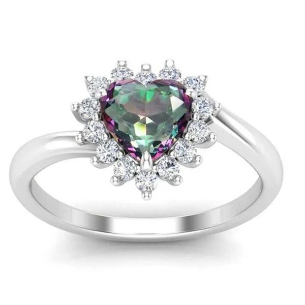 14K Rose Gold Plated Heart Cut Mystic Topaz White CZ Halo Gemstone Engagement Rings