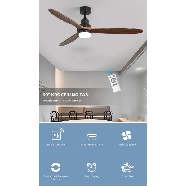 Indoor Remote Control 1500LM Solid Wood Ceiling Fan Light 120V 3000-5000K