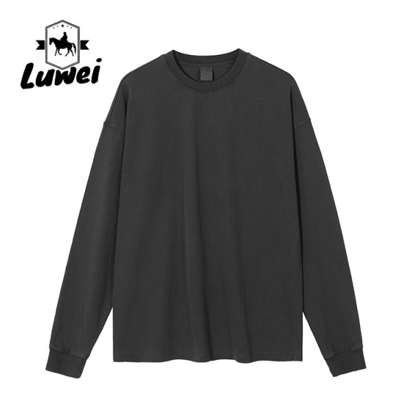 Long Sleeve Heavyweight Cotton Hoodie Grey Crew Neck Vintage Man Sweatshirts