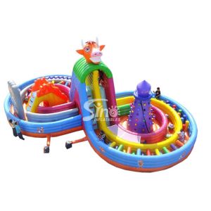 Giant blow up Cowbell Inflatable fun park with obstacle course racing lanes for