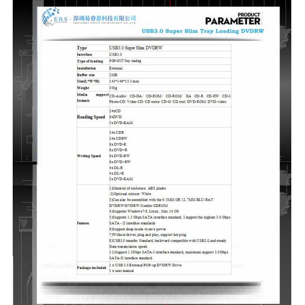 Wholesale USB 3.0 Tray loading Super Slim Portable External DVDRW /CD-RW Burner Drive