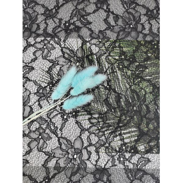 100% Nylon Black French Chantilly Embroidery Raschel Lace Fabric