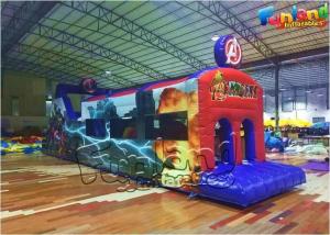 China 50ft Long Avengers Theme Kids Air Bouncer Slide Inflatable Obstacle Course for Hire on sale