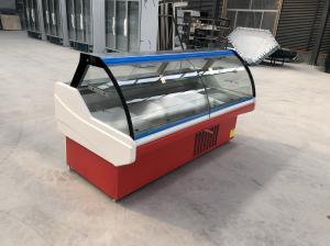China IEC Curved Glass Front Butcher Display Counter With Stainless Steel Inner Plate wholesale