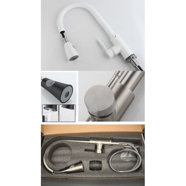 White Stainless Steel Kitchen Faucet Mixer Two Functions Retractable Kitchen Tap