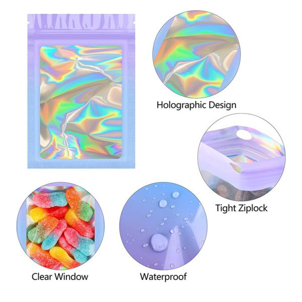Holographic 4x6 Resealable Bags , Clear Window Stand Up Mylar Bags