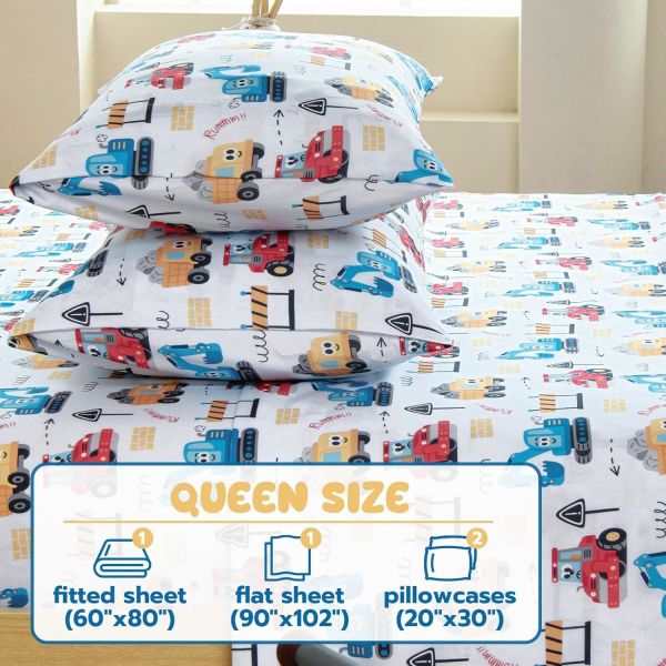 Engineering Car Sheets with Deep Pockets, Wrinkle-Free, Cozy Soft Cartoon Print Bed Sheets Set